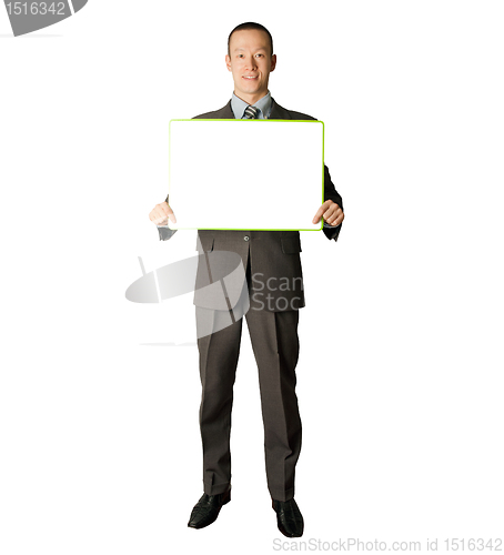 Image of happy businessman holding blank white card