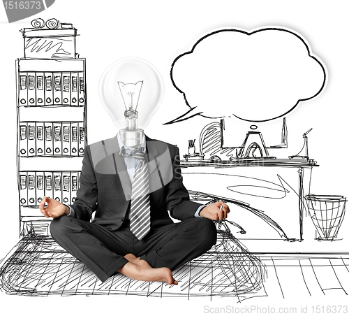 Image of lamp-head businessman in lotus pose with speech bubble