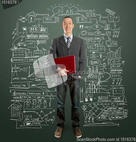Image of male in suit with laptop in his hands