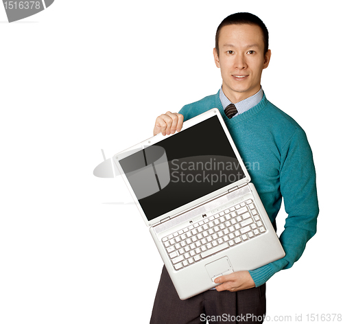 Image of Male in blue with laptop