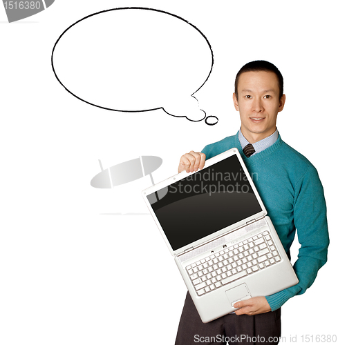 Image of Male in blue with laptop and comics bubble