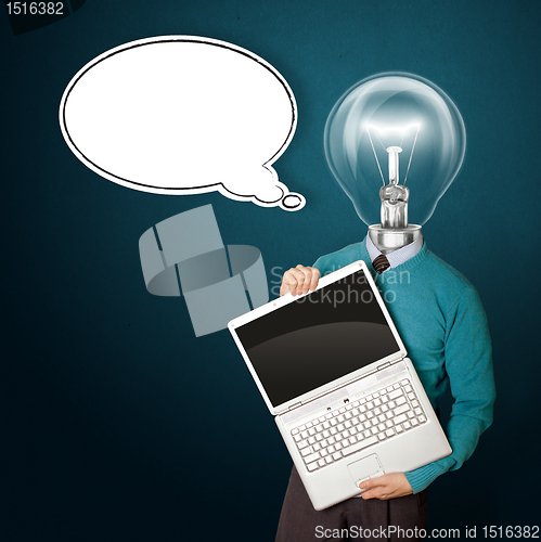 Image of Male with lamp-head in blue with laptop and comics bubble