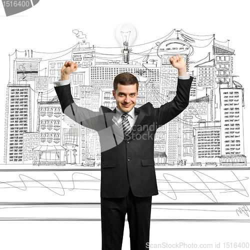 Image of lamp-head businessman with hands up