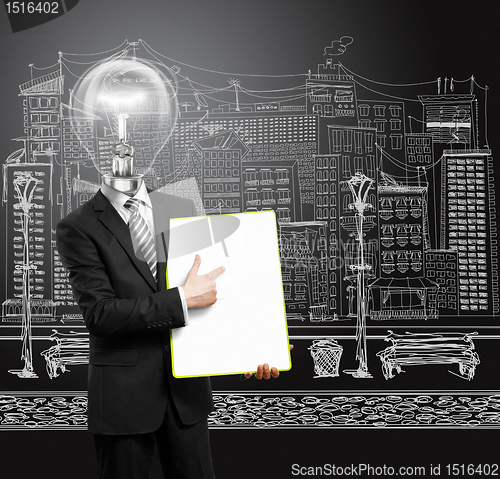 Image of lamp head businessman with empty write board