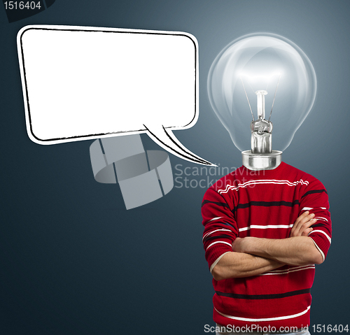 Image of male in red and lamp-head with speech bubble