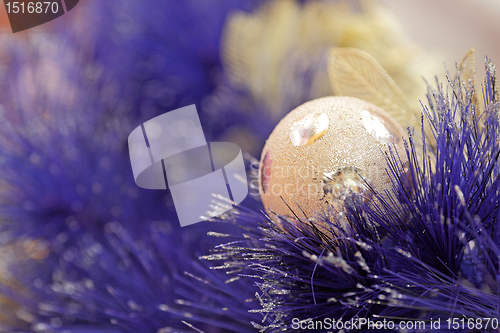 Image of christmas ball on blue color christmas tree