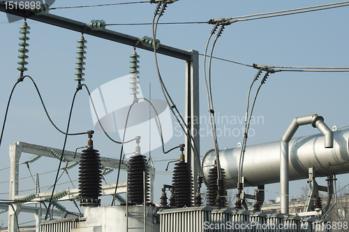 Image of High-voltage wires and transformers