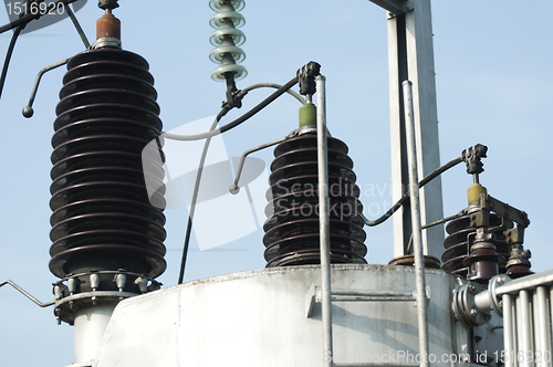 Image of High-voltage wires and transformers