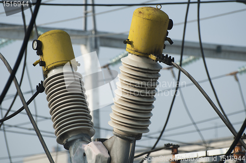 Image of High-voltage wires and transformers