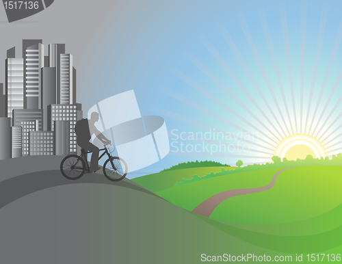 Image of The cyclist leaves the city. Vector illustration