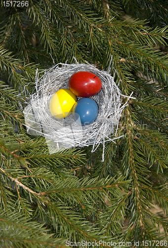 Image of Silver Easter bird's nest with painted eggs.