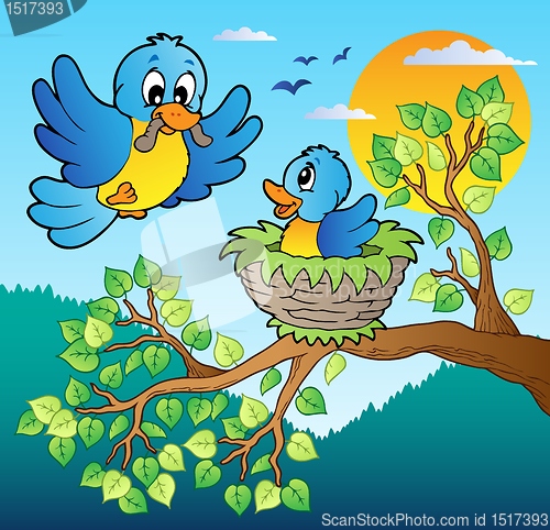 Image of Two blue birds with tree branch
