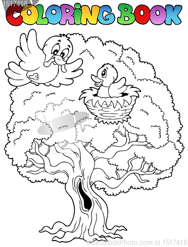 Image of Coloring book big tree with birds