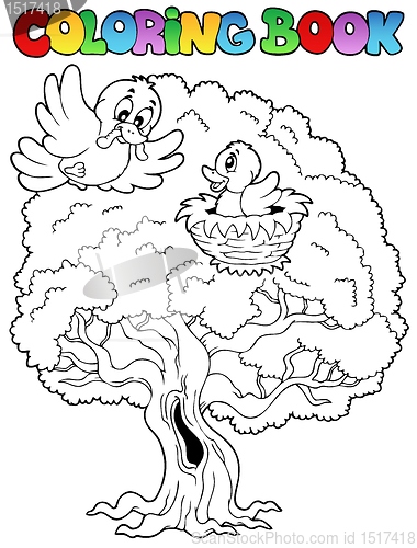 Image of Coloring book big tree with birds