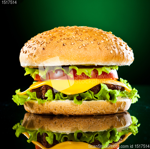 Image of Tasty and appetizing hamburger on a darkly green