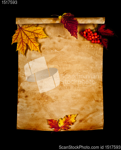 Image of Old paper with autumn leaves, autumn note