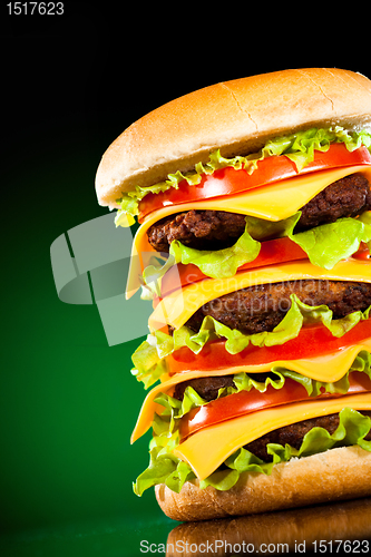 Image of Tasty and appetizing hamburger on a darkly green