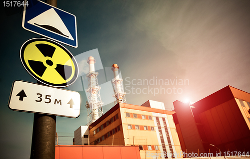 Image of Nuclear Power Plant with Radioactivity Sign