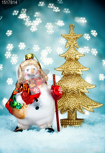 Image of Snowman with Blue Holiday Background