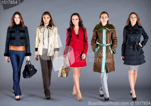 Image of Five girls. Autumn winter collection lady's clothes