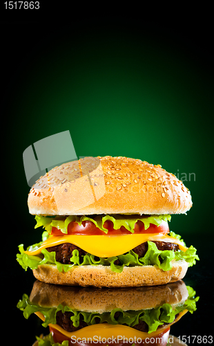 Image of Tasty and appetizing hamburger on a darkly green