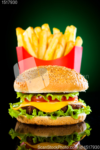 Image of Tasty hamburger and french fries