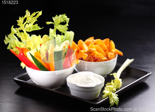 Image of Raw vegetable and wedges with dip