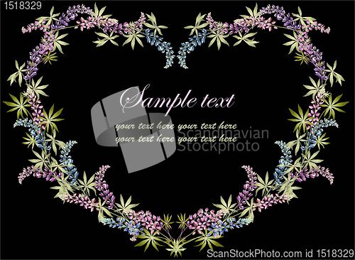 Image of Hand drawn valentines day greeting card. Illustration lupine.  Decorative heart. 