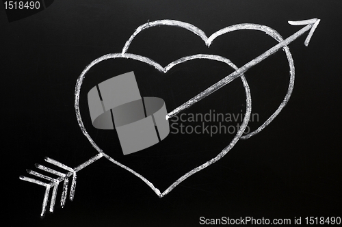 Image of Two hearts with Cupid's arrow hitting through