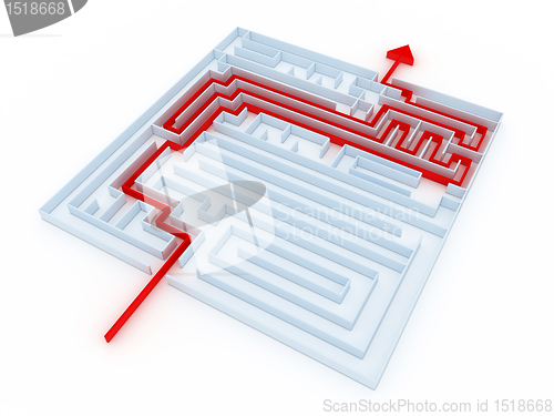 Image of labyrinth of transparent blocks through which the red arrow. 3d 