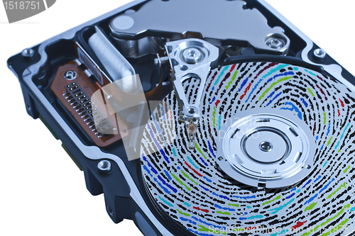 Image of hard disk drive with colored fingerprint