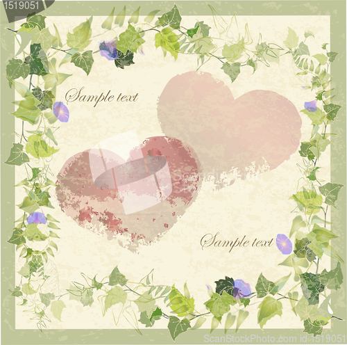 Image of Vintage greeting card with wild ivy and hearts.Hand drawn valentines day greeting card.