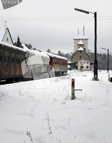 Image of old railway cars at a station in Southern Germany