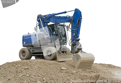 Image of blue digger on earth pile