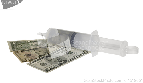 Image of plastic syringe and dollar banknotes