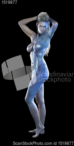 Image of blue bodypainted woman and fabrics