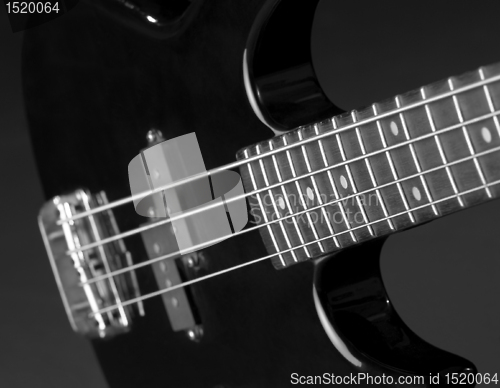 Image of black bass guitar detail