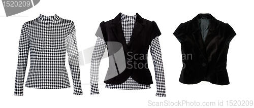 Image of A collage of patterned blouses with "crows feet" and a black ves