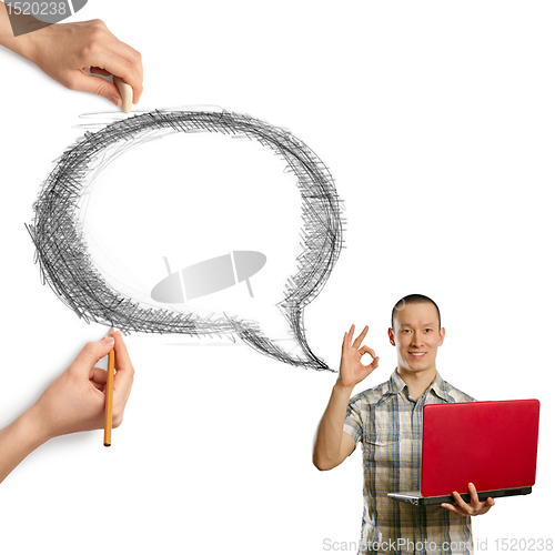 Image of human hands with speech bubble and man