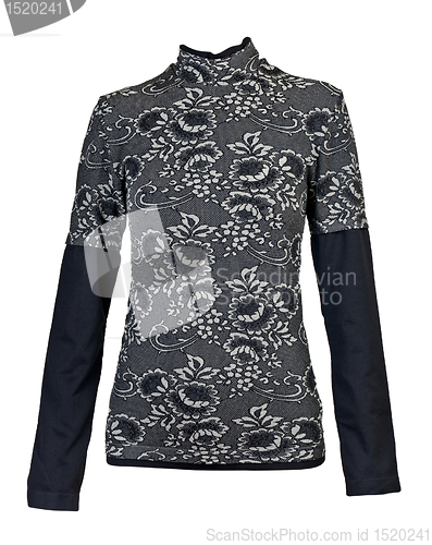 Image of black women's blouse with a floral pattern in the studio