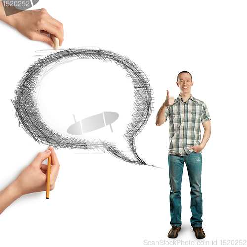 Image of human hands with speech bubble and man