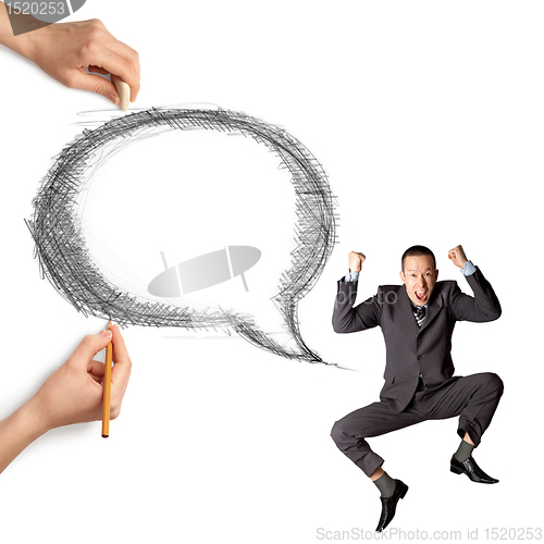 Image of human hands with speech bubble and man