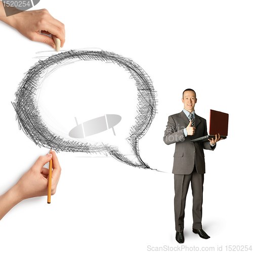 Image of human hands with speech bubble and man