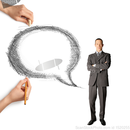 Image of human hands with speech bubble and man