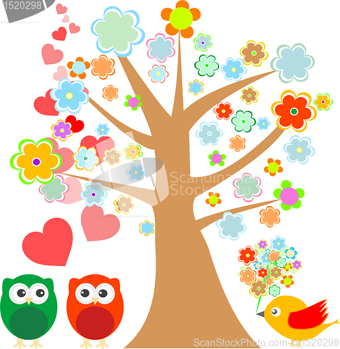 Image of owls in love and bird with cute floral tree