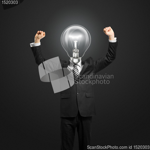 Image of lamp-head businessman with hands up