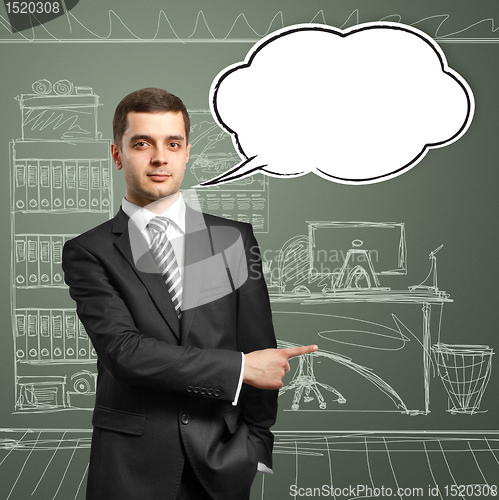 Image of male in suit with speech bubble