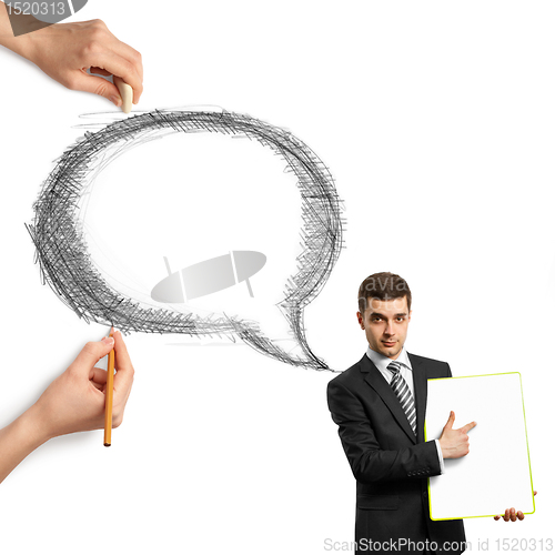 Image of human hands with speech bubble and man