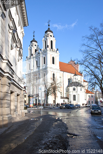 Image of Old town street church Vilnius God speak. Religion 