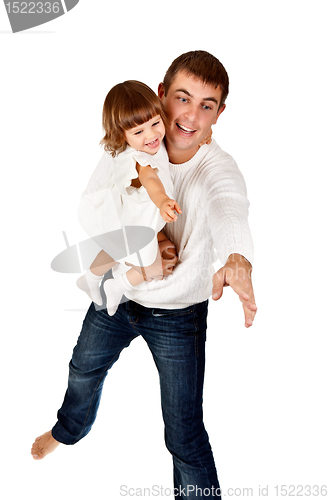 Image of dad and daughter shown his hand in the studio